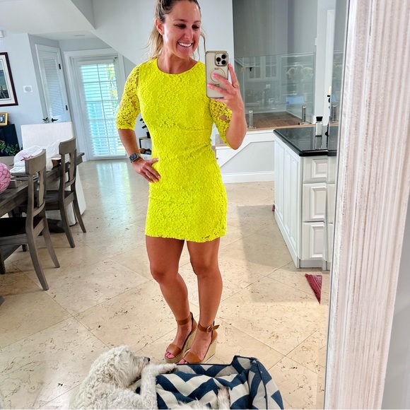 Spence Petite neon green/Citron lace 3/4 sleeve fitted lace midi dress EUC - Picture 16 of 16